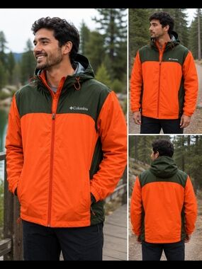 Columbia Orange and Dark Green Hooded Rain Jacket